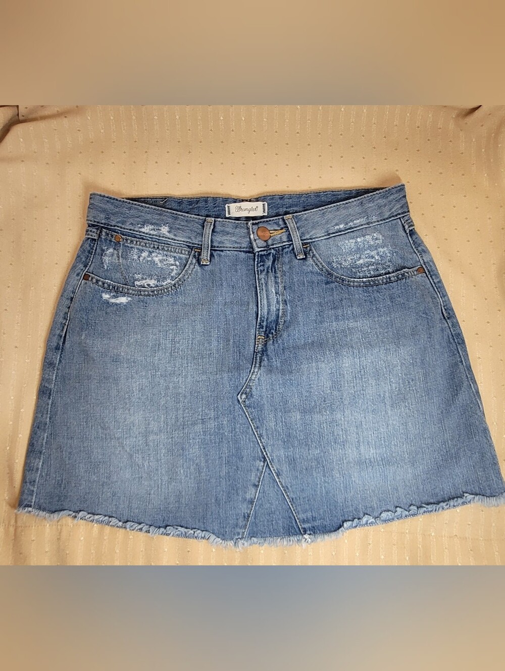Wrangler Light Blue Distressed Denim Mini Skirt, Size XS. EUC!